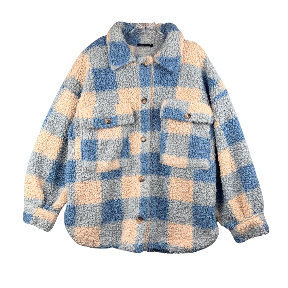 Checkered Sherpa Shacket Jacket Blue Peach Womens Large with Side Pockets